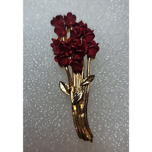 Vintage DM Bouquet of Red Enameled Flowers Gold Tone Leaves & Stem Brooch Pin